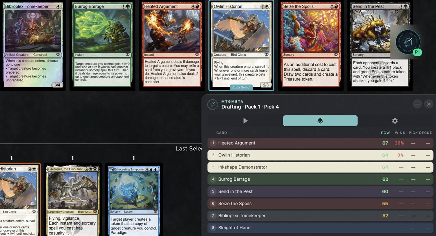 Draft overlay ranking each pick by card power and win rate