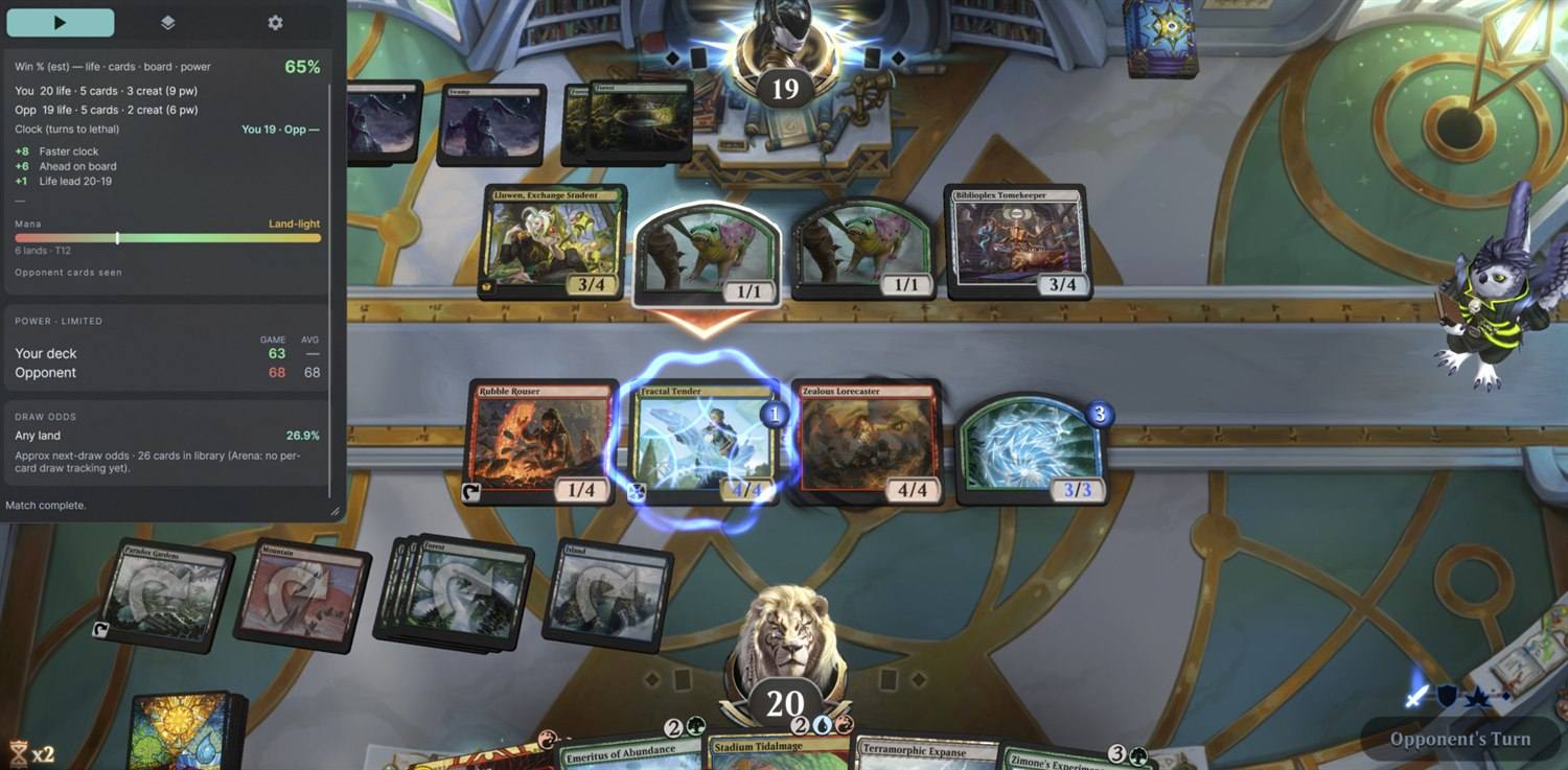 In-game overlay showing live win percentage, turn clock and mana gauge